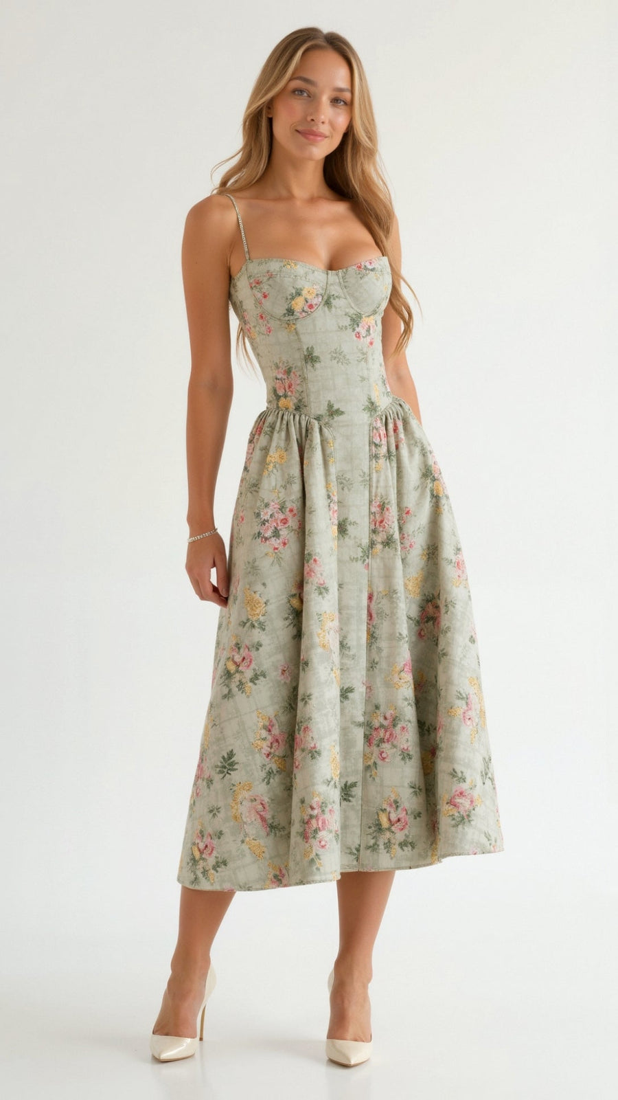 Thessamine | Women's Floral Sweetheart Corset Midi Dress