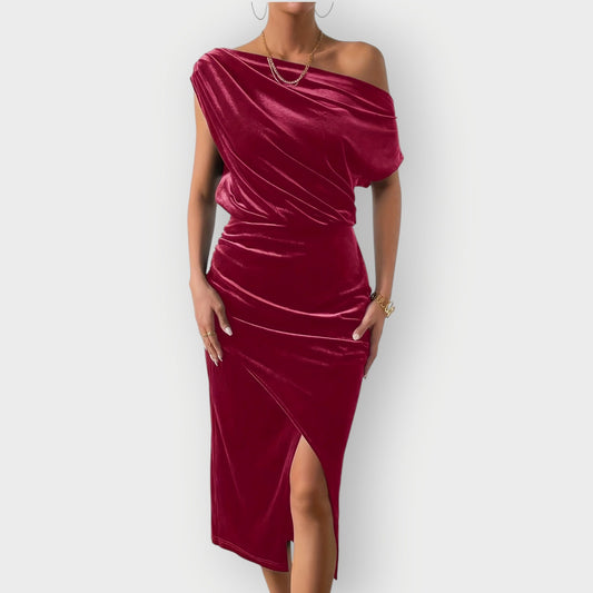 Thessara | Women's Off Shoulder Ruched Midi Dress
