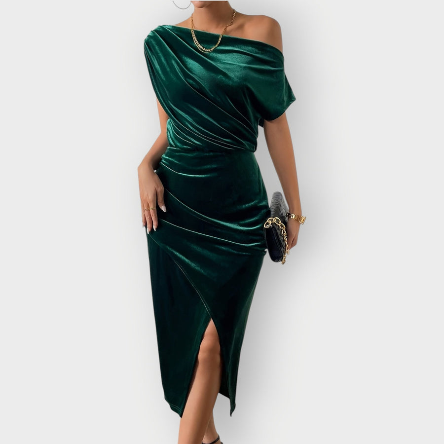 Thessara | Women's Off Shoulder Ruched Midi Dress