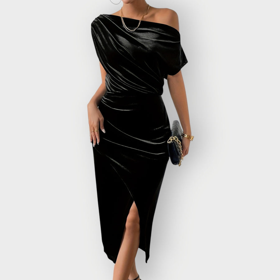 Thessara | Women's Off Shoulder Ruched Midi Dress