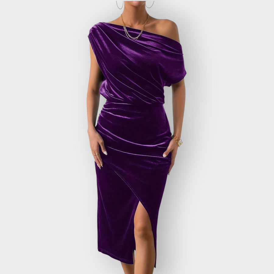 Thessara | Women's Off Shoulder Ruched Midi Dress