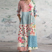 Thessira | Women's Patchwork V-Neck 3/4 Sleeve Maxi Dress