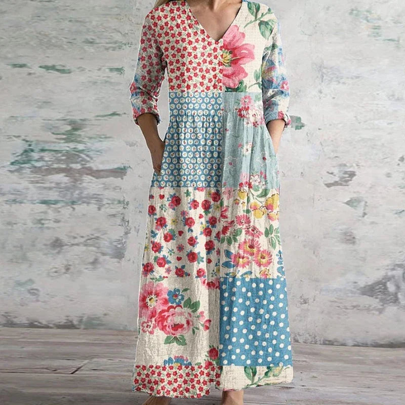 Thessira | Women's Patchwork V-Neck 3/4 Sleeve Maxi Dress
