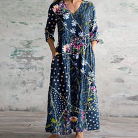 Thessira | Women's Patchwork V-Neck 3/4 Sleeve Maxi Dress