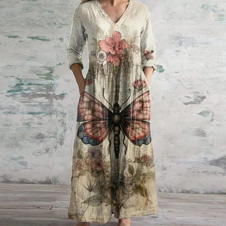 Thessira | Women's Patchwork V-Neck 3/4 Sleeve Maxi Dress