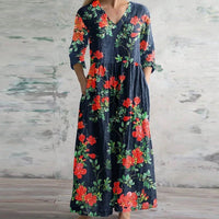 Thessira | Women's Patchwork V-Neck 3/4 Sleeve Maxi Dress