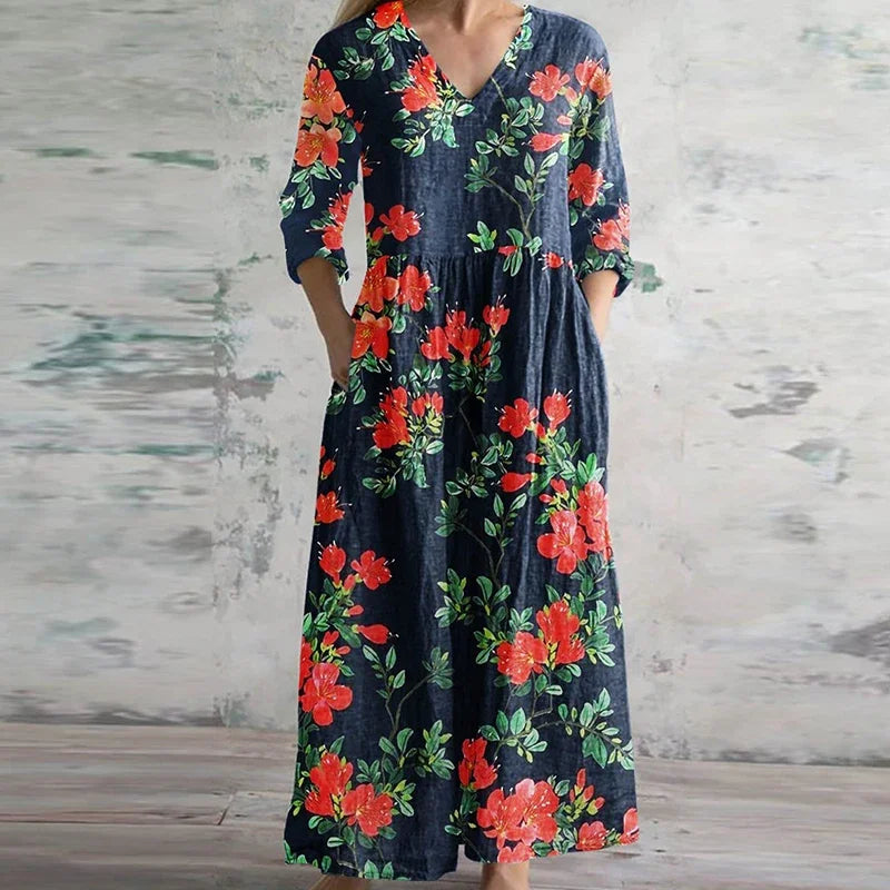Thessira | Women's Patchwork V-Neck 3/4 Sleeve Maxi Dress