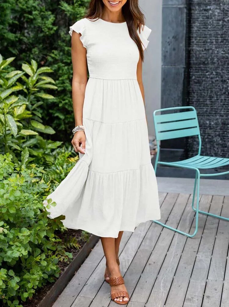 Luna | Tiered Maxi Dress Cap Sleeve Tummy Control White