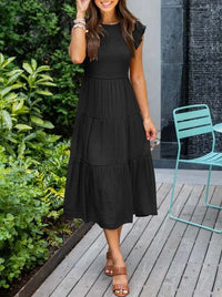 Luna | Tiered Maxi Dress Cap Sleeve Tummy Control Black