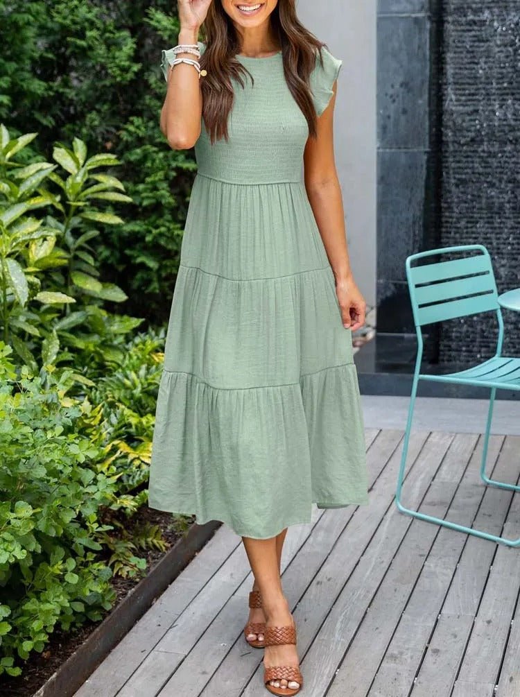 Luna | Tiered Maxi Dress Cap Sleeve Tummy Control Light Green
