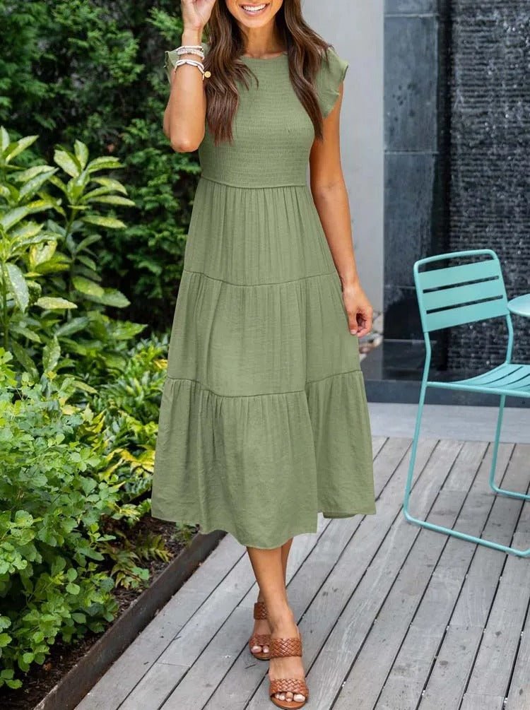 Luna | Tiered Maxi Dress Cap Sleeve Tummy Control Dark Green