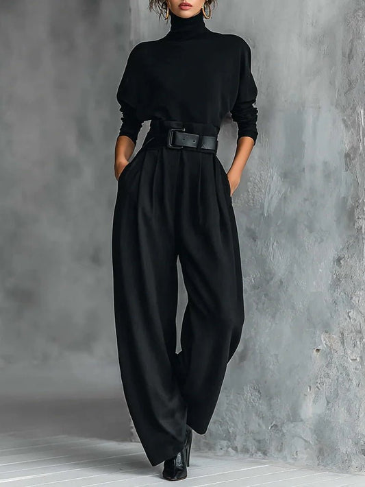 Luna | Turtleneck Jumpsuit Set Long Sleeve High Waist Belt Black
