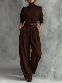 Luna | Turtleneck Jumpsuit Set Long Sleeve High Waist Belt Brown