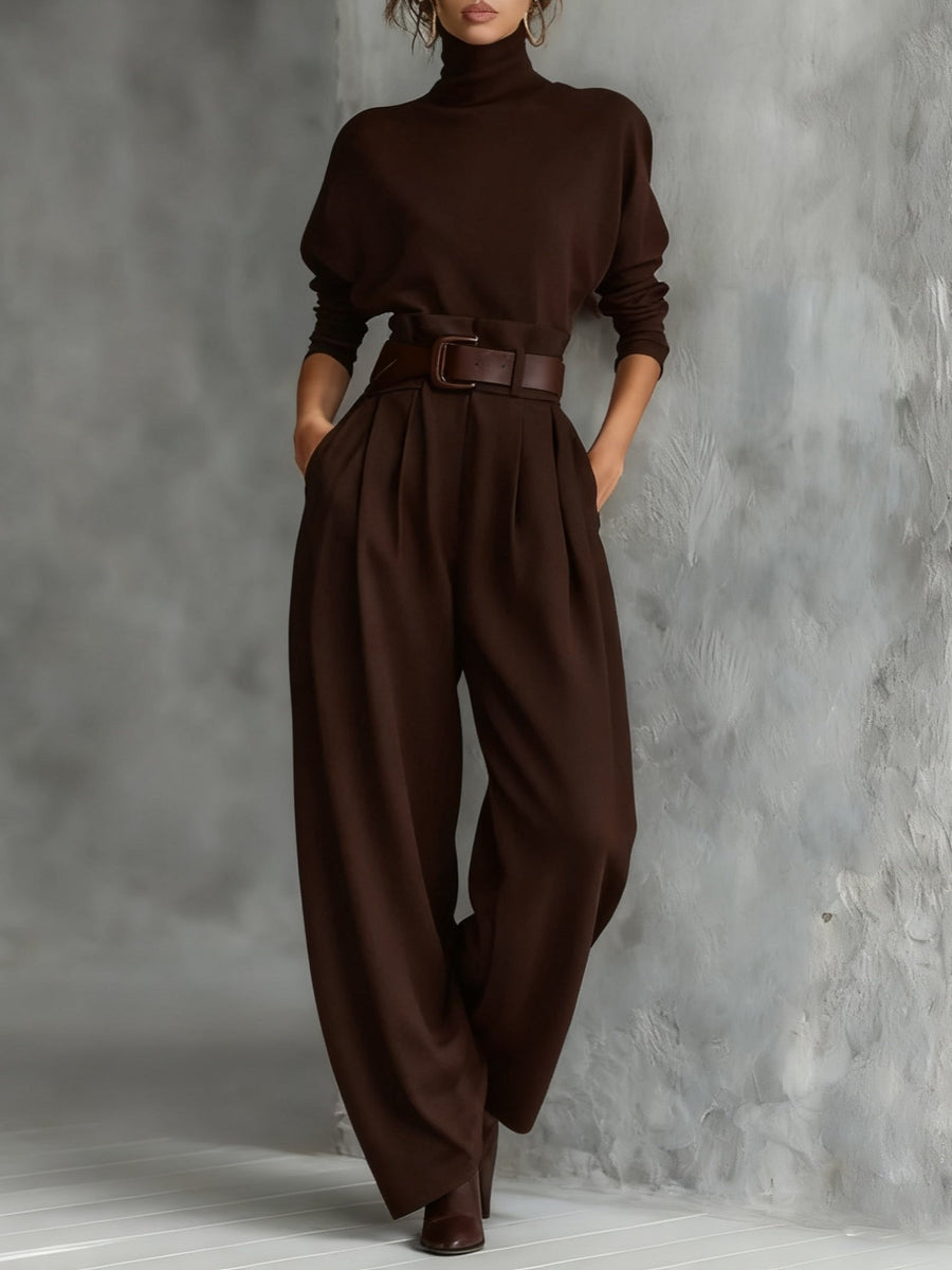 Luna | Turtleneck Jumpsuit Set Long Sleeve High Waist Belt Brown