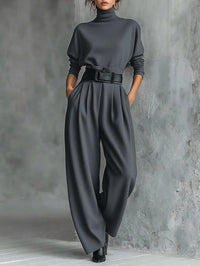 Luna | Turtleneck Jumpsuit Set Long Sleeve High Waist Belt Grey