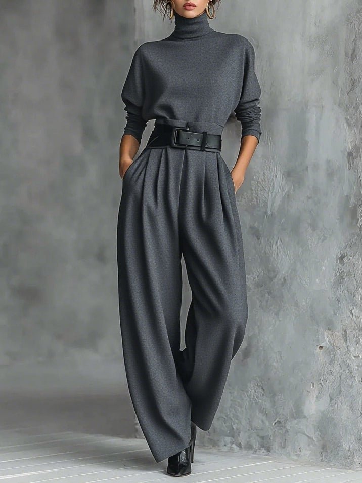 Luna | Turtleneck Jumpsuit Set Long Sleeve High Waist Belt Grey