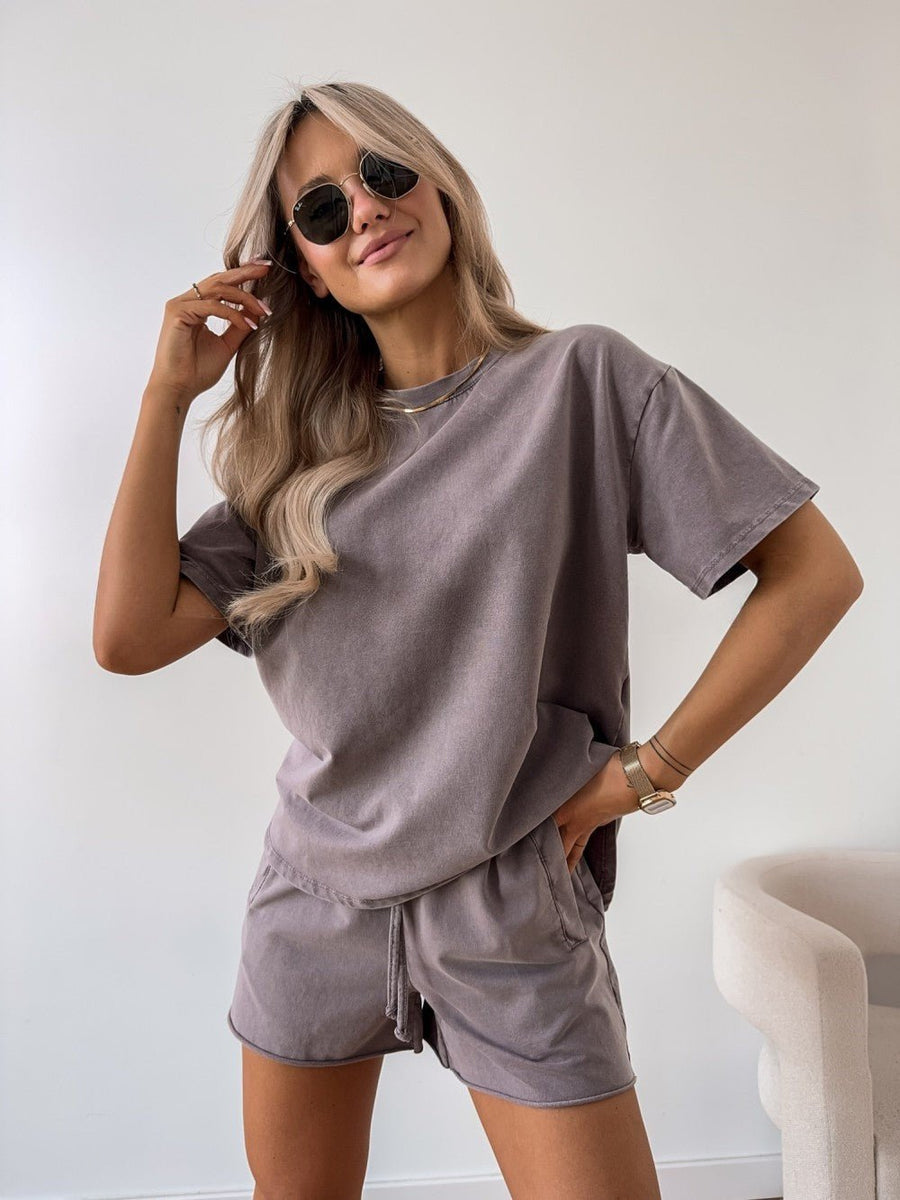 Madison | Two Piece Cotton Set Oversized T-Shirt and Shorts Lounge Chocolate