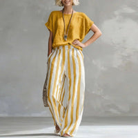 Isabella | Two Piece Linen Set Wide Leg Pants Short Sleeve Top Yellow