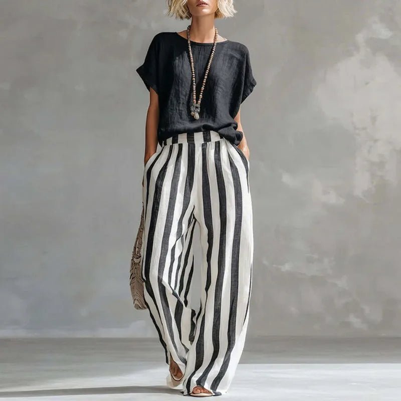 Isabella | Two Piece Linen Set Wide Leg Pants Short Sleeve Top Black