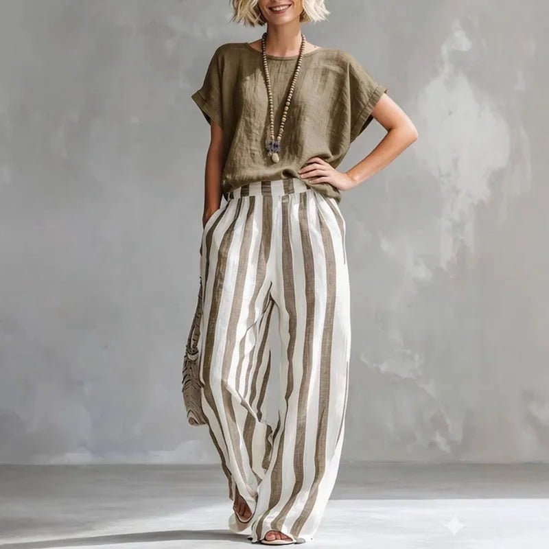 Isabella | Two Piece Linen Set Wide Leg Pants Short Sleeve Top Khaki