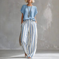 Isabella | Two Piece Linen Set Wide Leg Pants Short Sleeve Top Sky Blue