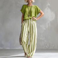 Isabella | Two Piece Linen Set Wide Leg Pants Short Sleeve Top Green