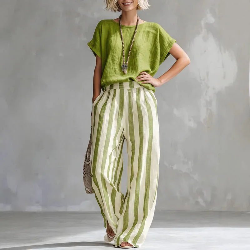 Isabella | Two Piece Linen Set Wide Leg Pants Short Sleeve Top Green