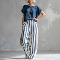 Isabella | Two Piece Linen Set Wide Leg Pants Short Sleeve Top Dark Blue