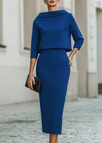 Evelyn | Two Piece Set Boat Neck Top Midi Skirt 3/4 Sleeve Crepe Blue