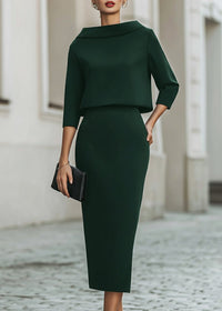 Evelyn | Two Piece Set Boat Neck Top Midi Skirt 3/4 Sleeve Crepe Emerald Green