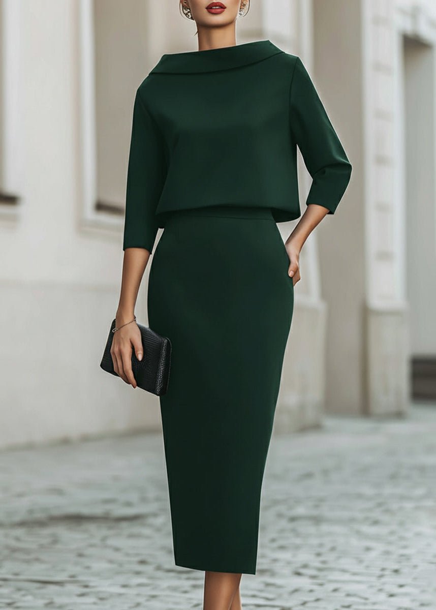 Evelyn | Two Piece Set Boat Neck Top Midi Skirt 3/4 Sleeve Crepe Emerald Green