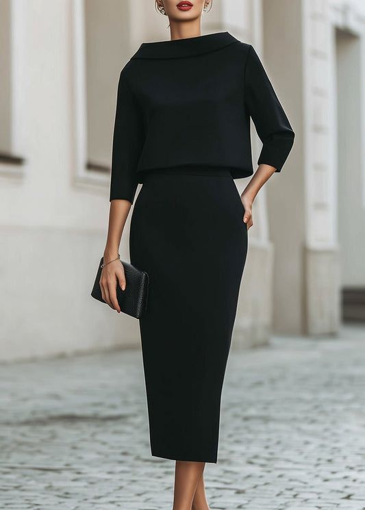 Evelyn | Two Piece Set Boat Neck Top Midi Skirt 3/4 Sleeve Crepe Black