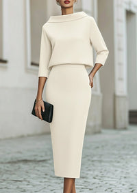 Evelyn | Two Piece Set Boat Neck Top Midi Skirt 3/4 Sleeve Crepe Beige