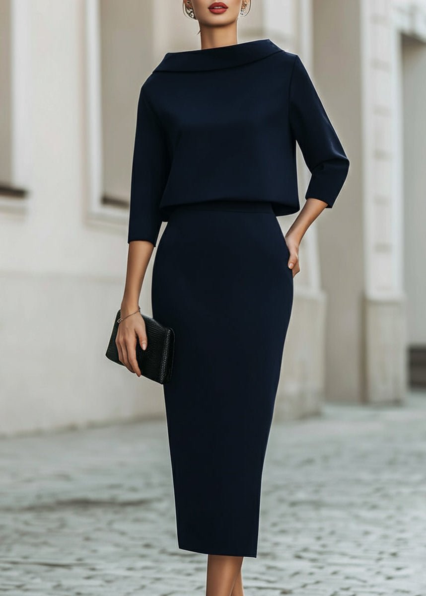 Evelyn | Two Piece Set Boat Neck Top Midi Skirt 3/4 Sleeve Crepe Navy Blue