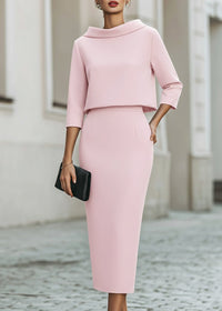 Evelyn | Two Piece Set Boat Neck Top Midi Skirt 3/4 Sleeve Crepe Pink
