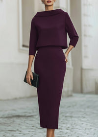Evelyn | Two Piece Set Boat Neck Top Midi Skirt 3/4 Sleeve Crepe Purple