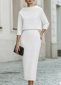 Evelyn | Two Piece Set Boat Neck Top Midi Skirt 3/4 Sleeve Crepe White