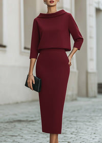 Evelyn | Two Piece Set Boat Neck Top Midi Skirt 3/4 Sleeve Crepe Burgundy