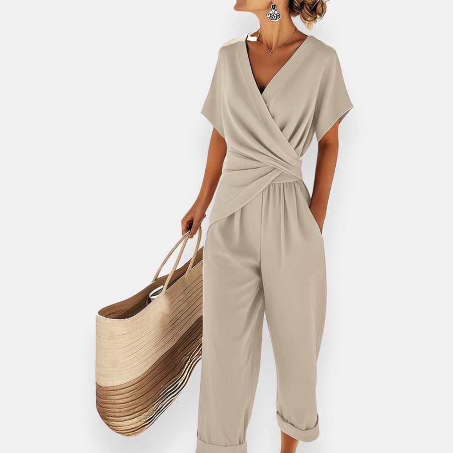 Camila | Two-Piece Set Wrap Top Wide-Leg Pants Draped Bow Beige