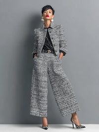 Harper | Two Piece Tweed Set Cropped Jacket Wide Leg Pants Black
