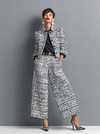 Harper | Two Piece Tweed Set Cropped Jacket Wide Leg Pants Gray