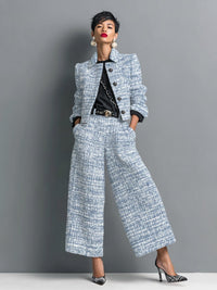 Harper | Two Piece Tweed Set Cropped Jacket Wide Leg Pants Blue