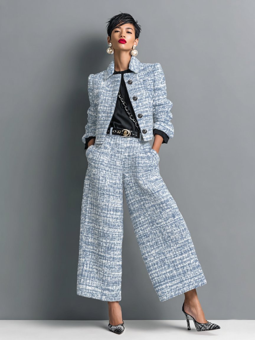 Harper | Two Piece Tweed Set Cropped Jacket Wide Leg Pants Blue