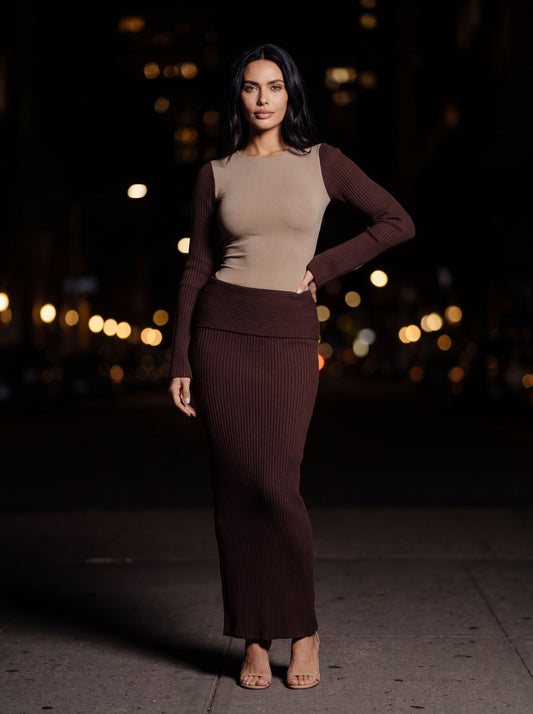 ANISE RIBBED MAXI SKIRT SET Espresso front
