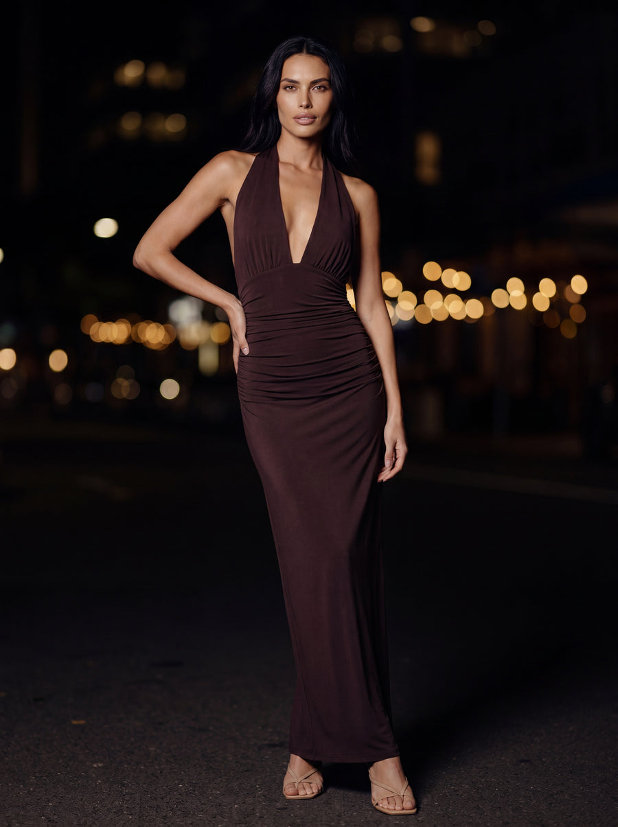 MEGAN MAXI DRESS Dark Mahogany front