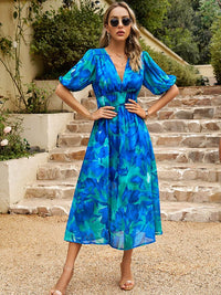 V Neck Ankle Length Short Sleeves Blue Wedding Guest Dress