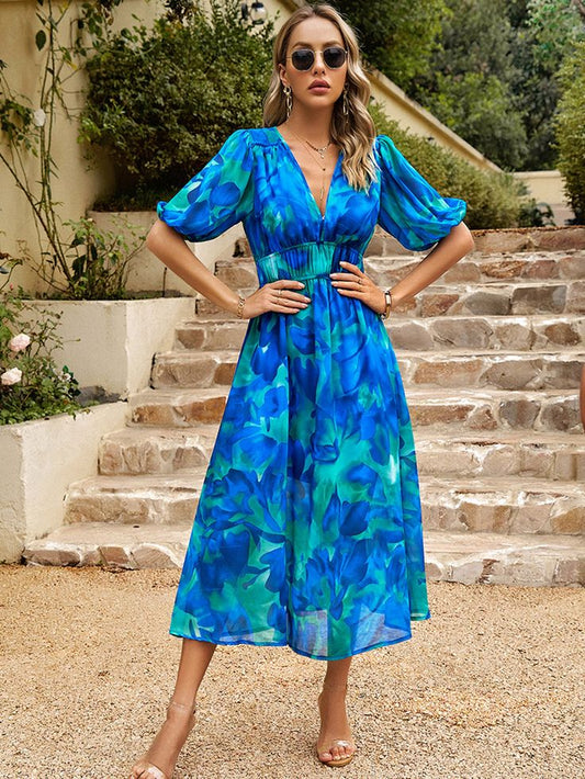 V Neck Ankle Length Short Sleeves Blue Wedding Guest Dress