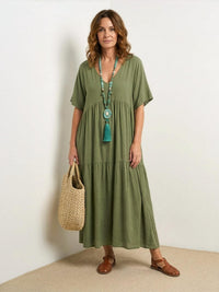 Brooklyn | Womens Boho V Neck Tiered Maxi Dress Army Green