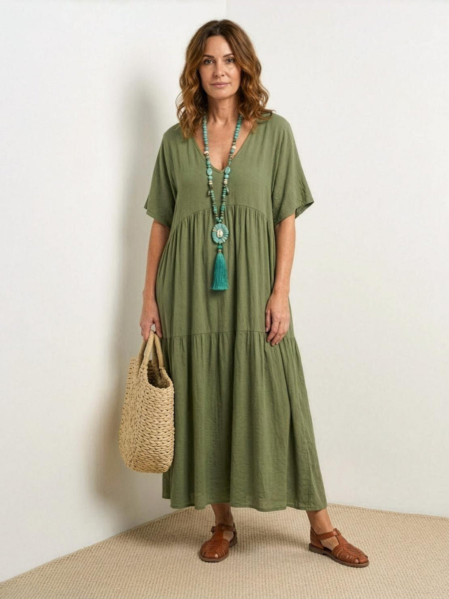 Brooklyn | Womens Boho V Neck Tiered Maxi Dress Army Green