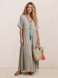 Brooklyn | Womens Boho V Neck Tiered Maxi Dress Apricot